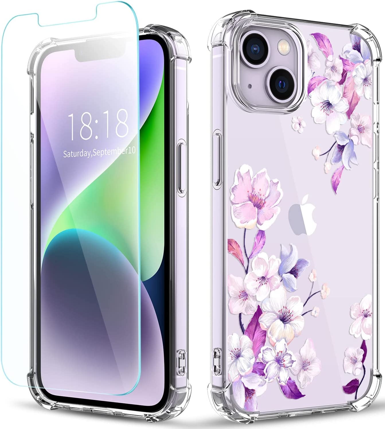 YOYORI Compatible with Iphone 14 Case with Screen Protector, Flower Pattern Design, Floral Clear Women Phone Case Shockproof Protective Soft TPU Bumper Cover 6.1 Inch 2022 (Butterfly/Blue)  YOYORI i14-21  
