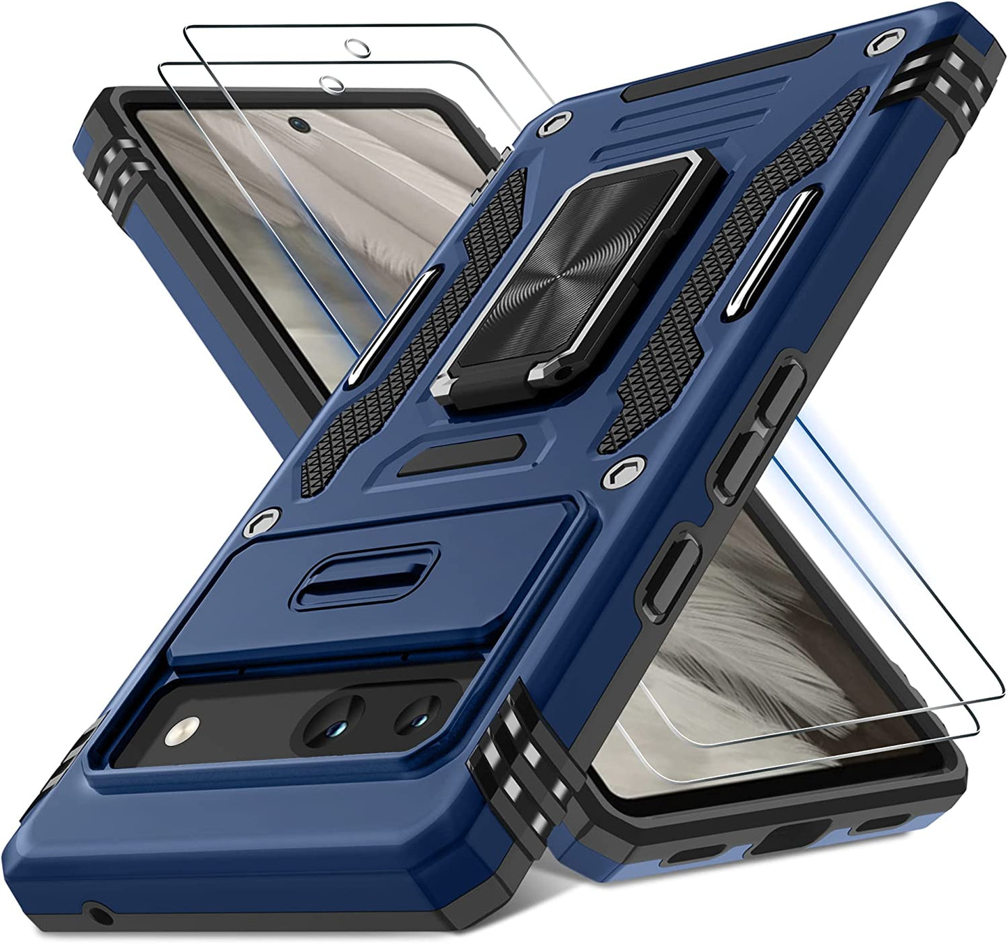 DEERLAMN for Google Pixel 8 Case with Slide Camera Cover+Screen Protector (1 Pack), Rotated Ring Kickstand Military Grade Shockproof Heavy Duty Protective Cover -Black  DEERLAMN Navy Blue Google Pixel 7A 