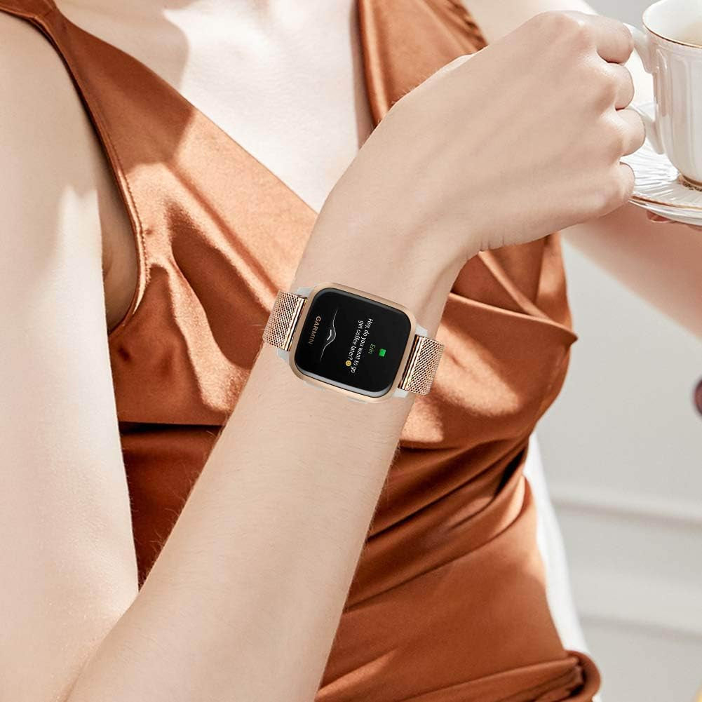 Vicrior Compatible for Garmin Venu/Venu Sq/Venu 2 plus Bands, Solid Stainless Steel Watchband+ Mesh Strap Bracelet Replacement Band Strap for Garmin Vivoactive 3, Rose Gold  ViCRiOR   