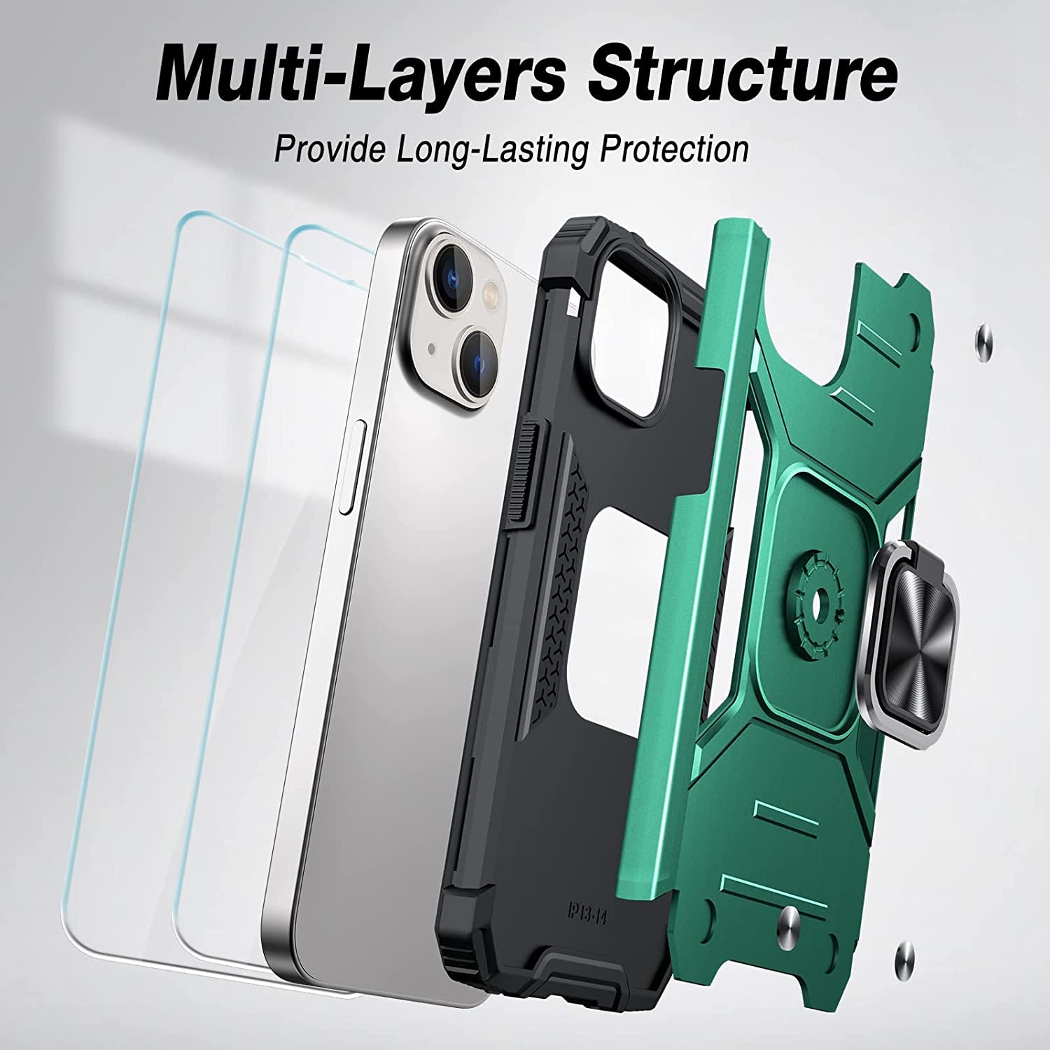 JAME for Iphone 14 Case with Screen Protector [2 PCS], Shockproof Bumper Case for Iphone 14 Case for Women & Men, Heavy-Duty Protection with Metal Ring Kickstand Case for Iphone 14, 6.1 Inch, Green  XJXIN   