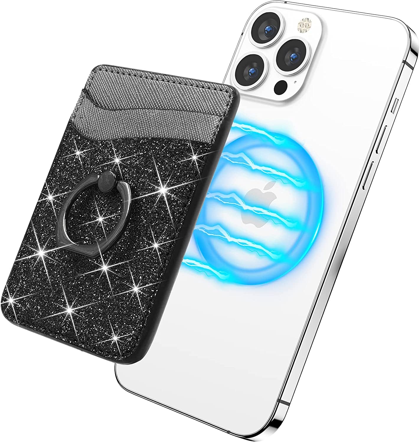 Gospire Magnetic Phone Wallet, Leather Cell Phone Card Holder, Magsafe Wallet with Ring & [Credit Card RFID Blocking] 360°Rotation Phone Stand Compatible with All Smartphones with 2 Metal Rings, Gold  Gospire Black  