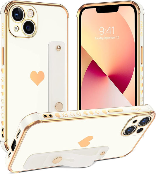 YINLAI Iphone 13 Case, Iphone 13 Cover 6.1 Inch with Finger Loop Holder Wrist Strap Kickstand Hearts Pattern Love Plating Women Girls Slim Fit Soft Shockproof Protective Phone Cases,White  YINLAI   