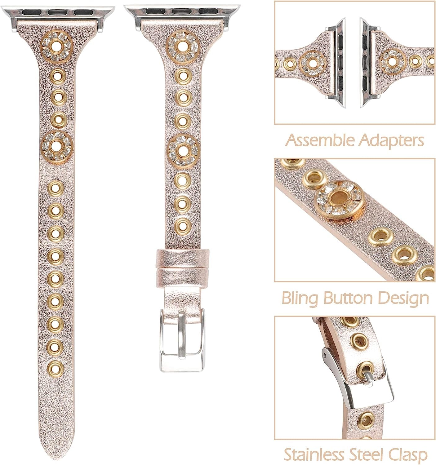 Moolia Compatible with Apple Watch Band 41Mm 38Mm 40Mm 45Mm 42Mm 44Mm Iwatch Series 8 7 6 5 4 3 2 1 for Women, Slim Leather Strap Bracelet Wristband with Bling Studs for Apple Watch Se/Ultra 49Mm  Moolia   