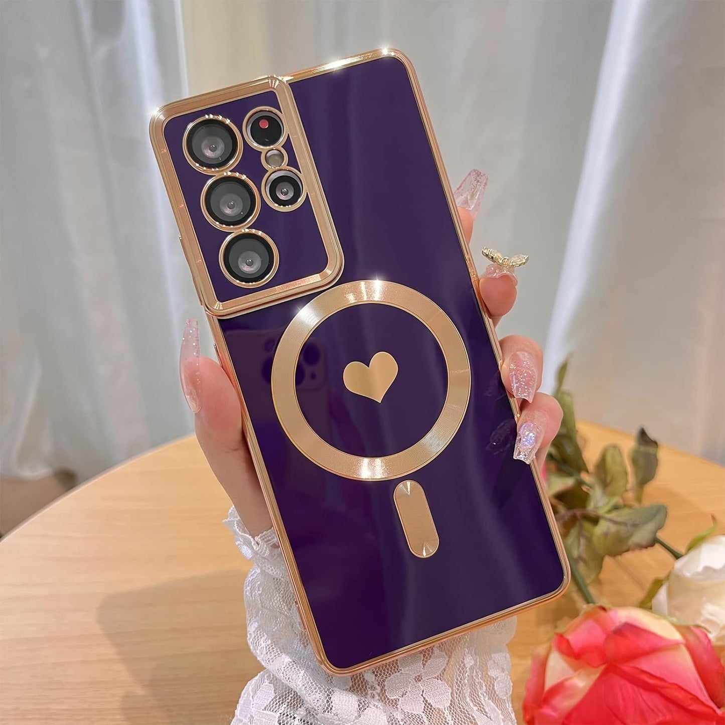 Bonoma Magnetic Case for Samsung Galaxy S21 Ultra Compatible with Magsafe, Cute Love Heart Luxury Plating Back Cover with Edge Elegant Aesthetic Hearts Pattern Silicone Phone Case-Pink  Bonoma Purple  