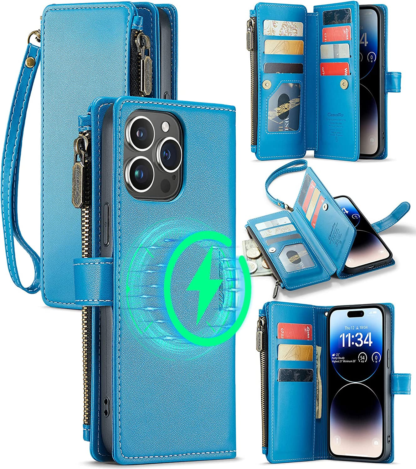 FLIPALM Wallet Case for Iphone 14 Pro(6.1") Flip Case,Compatible with Magsafe Charger,Pu Leather Zipper Protective Lanyard Strap Wristlet Case with Magnetic Closure and Card Holder Luxury Coffee  FLIPALM Blue iPhone 14 Pro Max 
