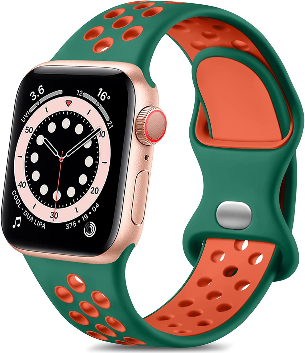 Lerobo Sport Band Compatible with Apple Watch Band 38Mm 40Mm 41Mm 45Mm 44Mm 42Mm for Women Men,Soft Silicone Sport Breathable Wristband Replacement Strap Compatible for Iwatch SE Series 7 6 5 4 3 2 1  PJStore-US Pinegreen/Tangerine 42mm/44mm/45mm/49mm M/L 