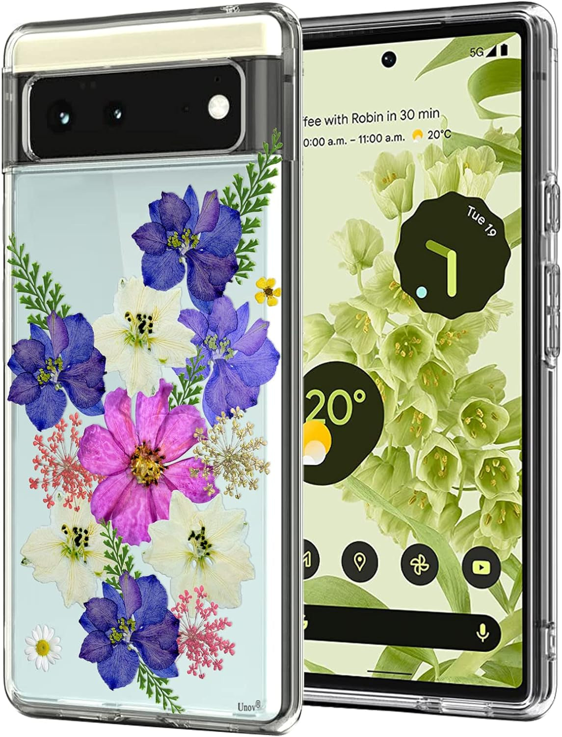 Unov Case Compatible with Pixel 6 Case Clear with Design Soft TPU Shock Absorption Slim Embossed Pattern Protective Back Cover 6.4 Inch (Flower Garden)  Unov Very Peri Bouquet  