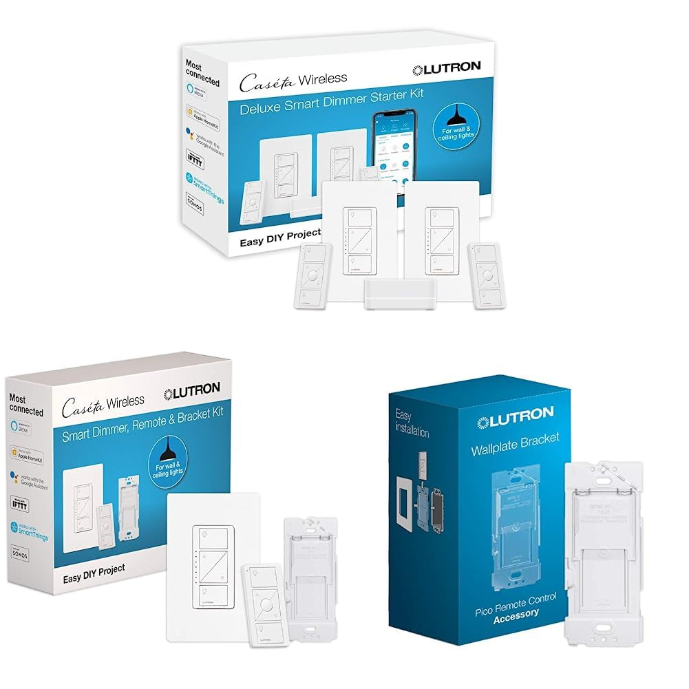 Lutron Caséta Deluxe Smart Dimmer Switch (2 Count) Kit with Caséta Smart Hub | Works with Alexa, Apple Homekit, Ring, Google Assistant | P-BDG-PKG2W-A | White  Lutron Deluxe Original Dimmer Kit w/Hub + Remote Dimmer Switch Kit + Kit + Bracket 