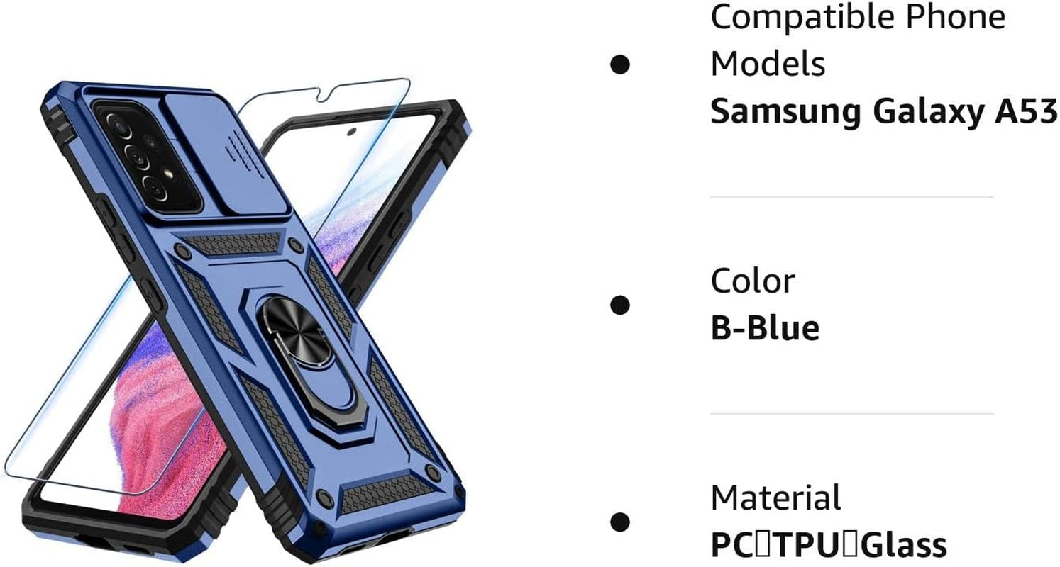 Samsung Galaxy A53 5G Case Built in Slide Camera Lens Cover and Screen Protector,Heavy Duty Shockproof Full Body Protective Phone Cover,Built in Finger Ring Stable Holder Kickstand,2022 Blue  Janmitta   