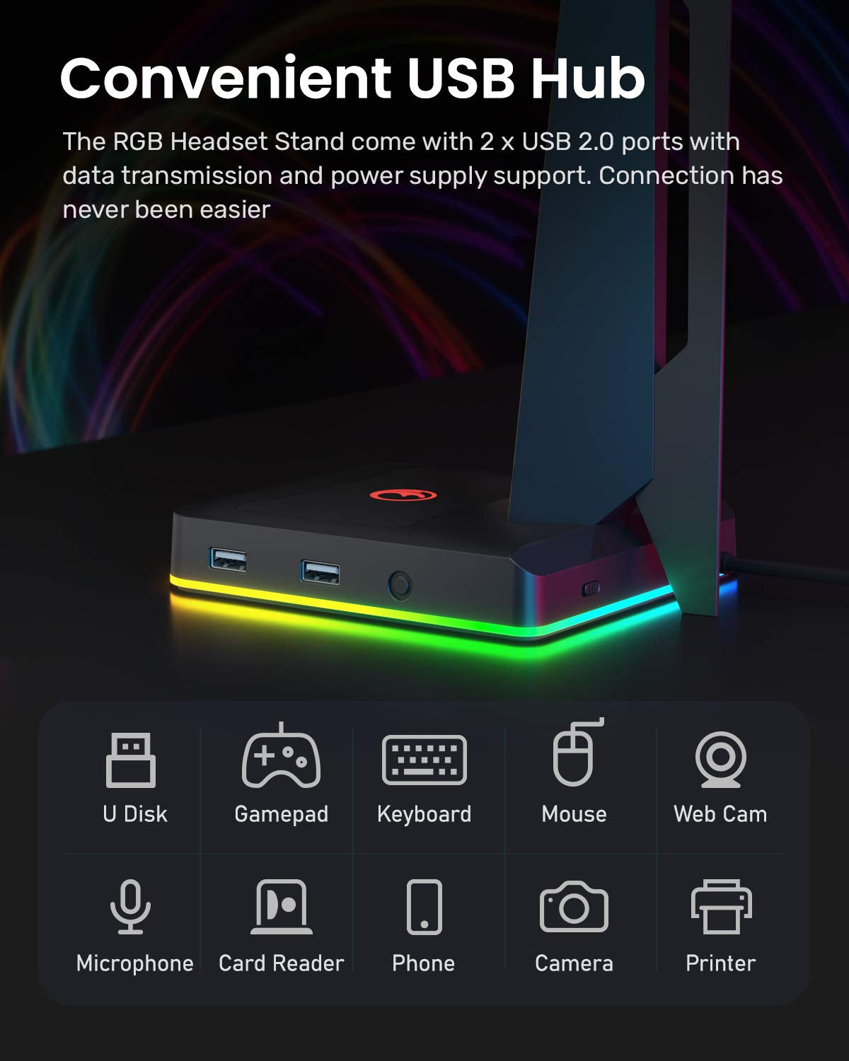 IFYOO RGB Gaming Headset Stand with 2 USB Ports, Game Headphone Mount for PC, Xbox One, PS4, Switch, Earphone Holder Hanger, Great for Gaming Stations, Fancy Desk Gamer Accessories, Black  IFYOO   