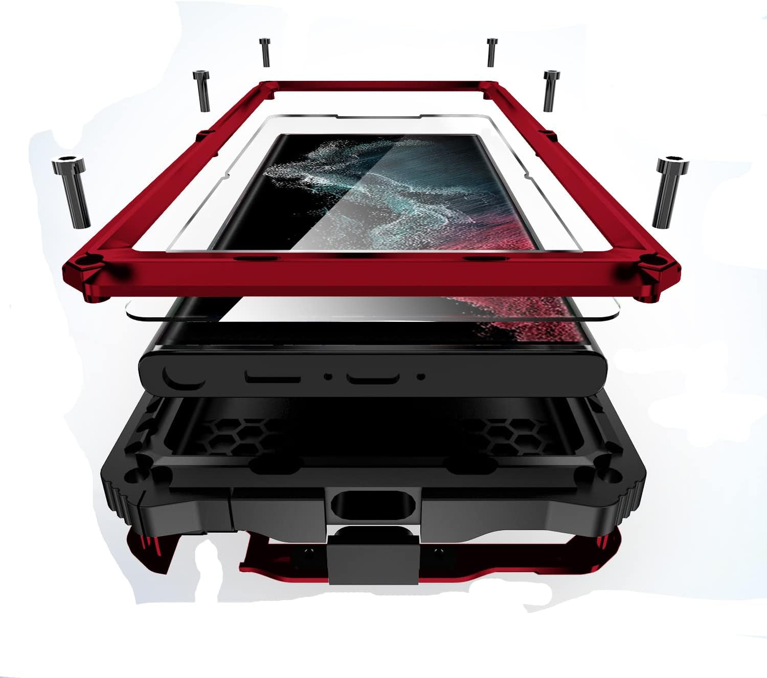 Lunivop for Samsung Galaxy S22 Ultra Case Metal Hard Armor Compatible with S22Ultra 5G Phone Cover Case Para Heavy Duty Screw Built in Glass Camera Screen Protector Metalicas Military Grade (Black)  Lunivop Red  