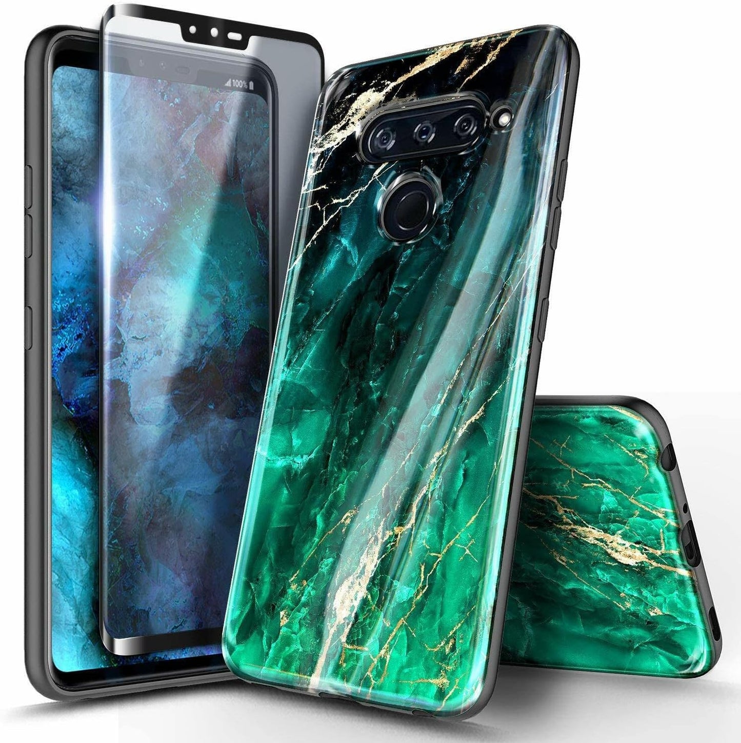 NZND Case for LG V40, LG V40 Thinq with Tempered Glass Screen Protector (Maximum Coverage), Ultra Slim Thin Glossy Stylish Protective, Marble Design Phone Case Cover -Green  NZND   