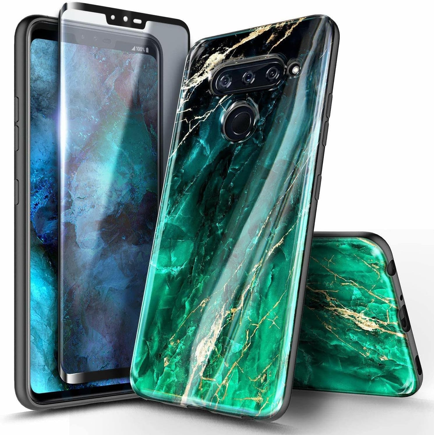 NZND Case for LG V40, LG V40 Thinq with Tempered Glass Screen Protector (Maximum Coverage), Ultra Slim Thin Glossy Stylish Protective, Marble Design Phone Case Cover -Green  NZND   