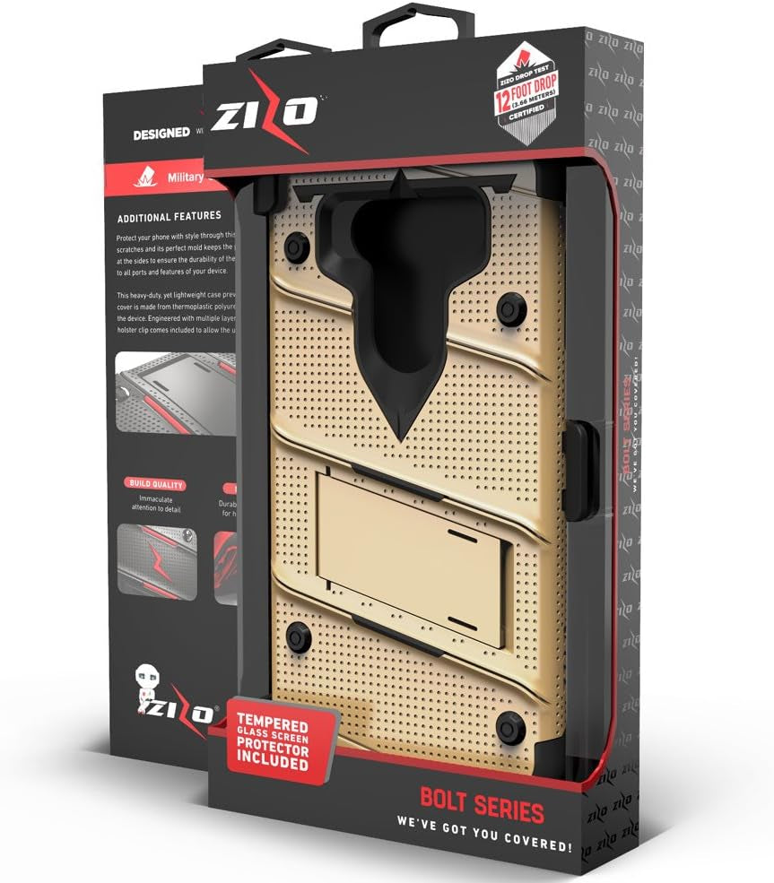 Zizo Bolt Series Compatible with LG V30 Case Military Grade Drop Tested with Tempered Glass Screen Protector, Holster LG V35 Thinq Case Gold Black  Zizo   