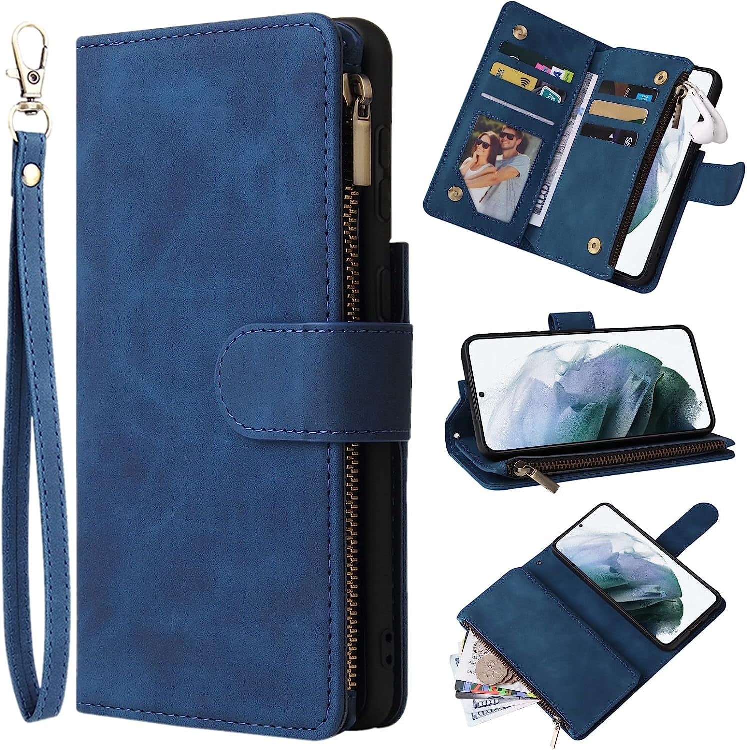 ZZXX Samsung Galaxy S22 Case Wallet with Card Slot Premium Soft PU Leather Zipper Flip Folio Wallet with Wrist Strap Kickstand Protective for Galaxy S22 Wallet Case(Coffee-6.1 Inch)  ZZXX Blue Samsung Galaxy S22 5G 