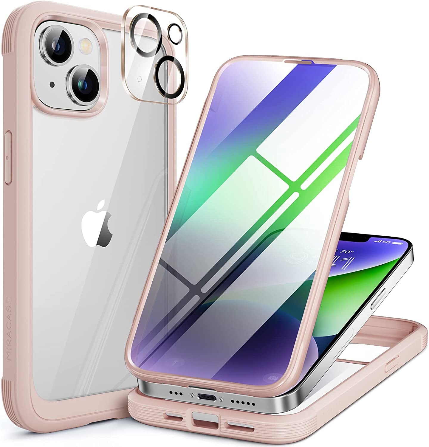 Miracase Glass Series Designed for Iphone 14 Case 6.1 Inch, 2023 Upgrade Full-Body Clear Bumper Case with Built-In 9H Tempered Glass Screen Protector and Camera Lens Protector,Clear  Miracase AH-Crystal Pink  
