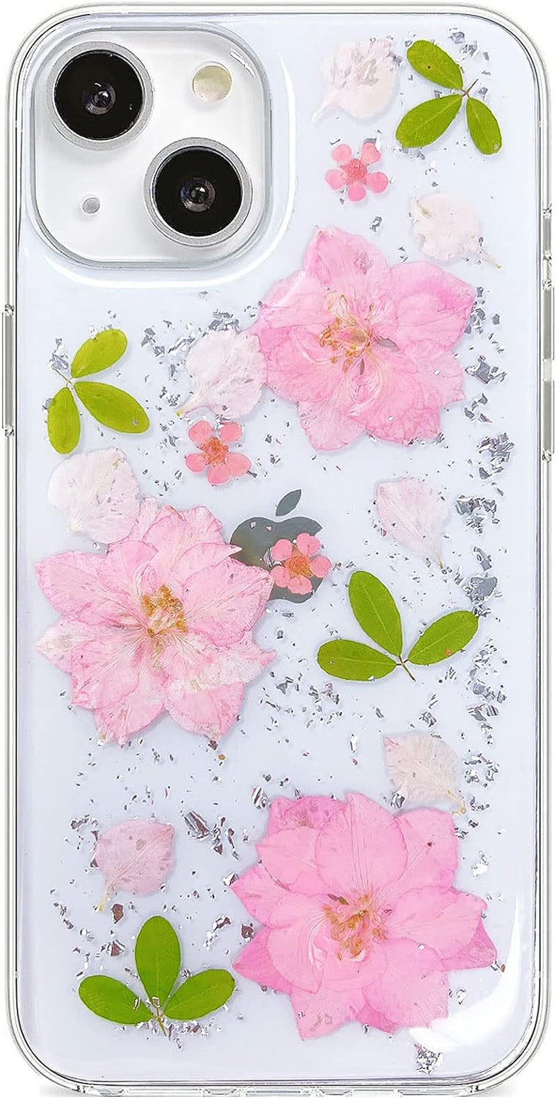Abbery Designed for Iphone 13 Pressed Flower Case, Cute Clear with Design Soft Silicone Rubber Dried Real Flowers Floral Aesthetic Case for Iphone 13 6.1 Inch (Glitter Blue)  Abbery 3 Pink Flower  
