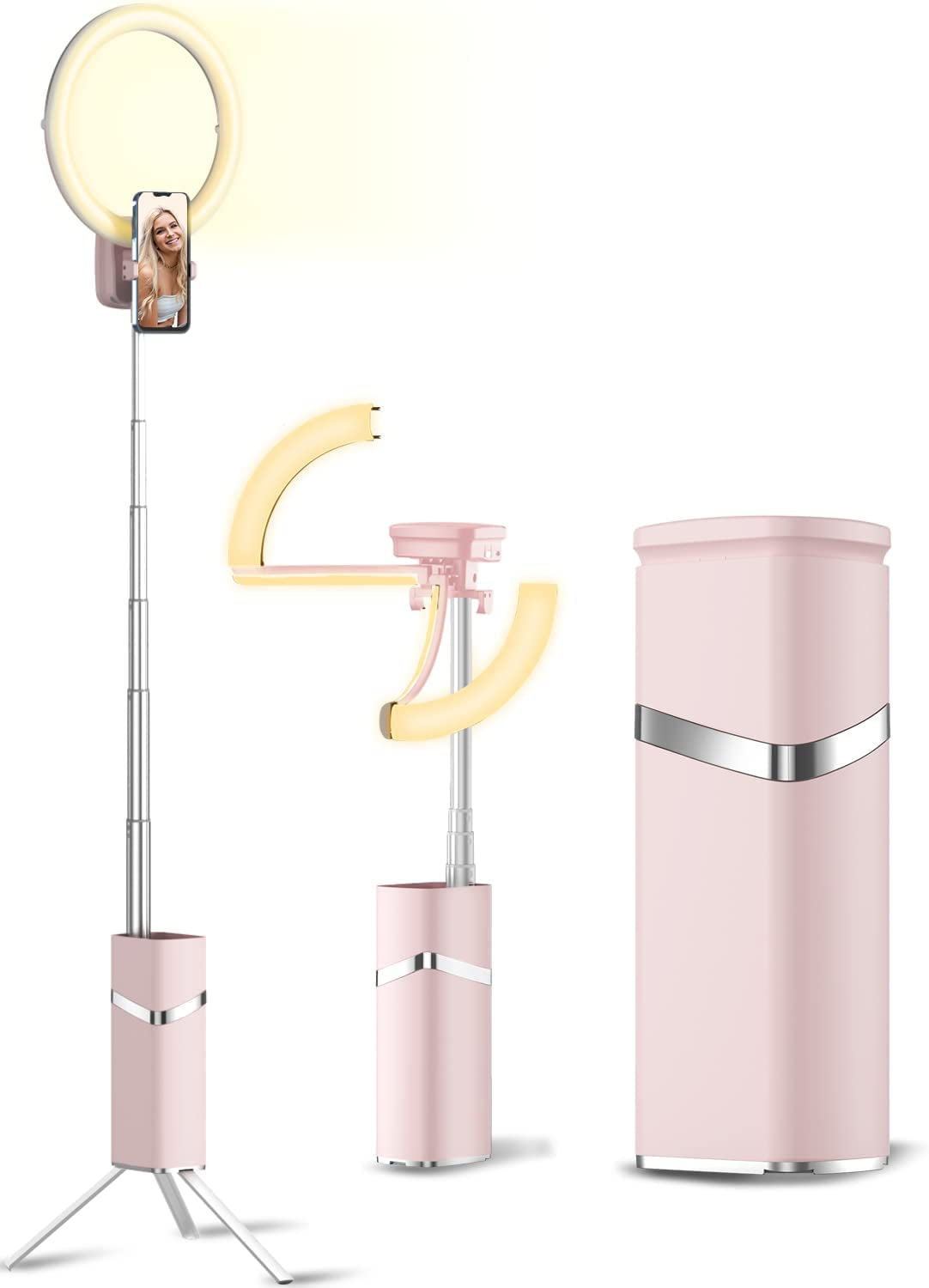 Woumlaiy Ring Light with Tripod, Extendable 79" Selife Stand, Rechargeable Wireless Foldable 10'' LED Ring Light with 4000Mah Battery& Phone Holder for Travel/Selfie/Live Stream/Vlog/Makeup/Youtube  Woumlaiy Pink  