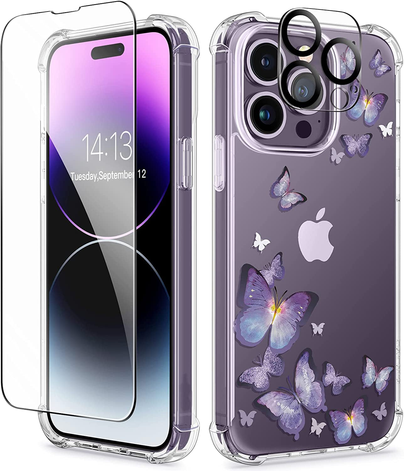 GVIEWIN Compatible with Iphone 14 Pro Case with Screen Protector & Camera Lens Protector, Floral Slim Shockproof Protective Hard PC+TPU Bumper Flower Women Cover, 6.1" 2022(Anemone Blooms/Pink)  GVIEWIN Alluring Butterfly/Purple  