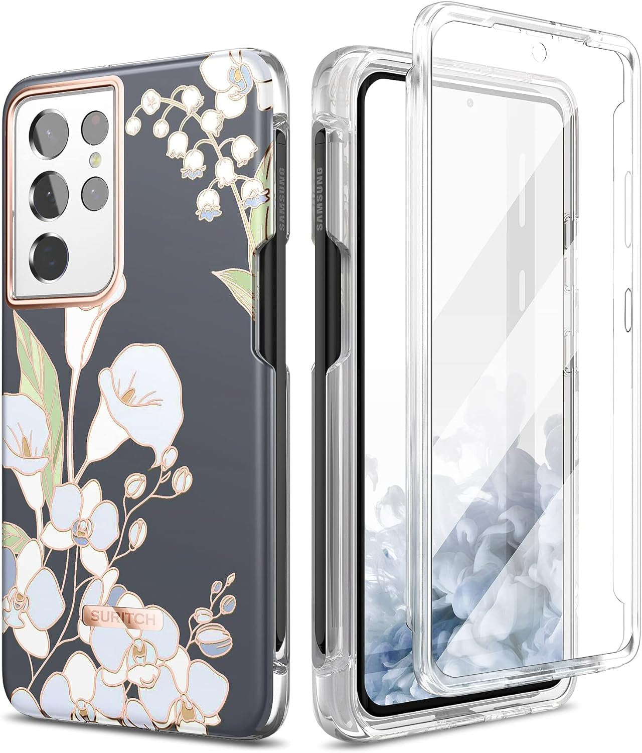 SURITCH Phone Case for Samsung Galaxy S21 Ultra with S-Pen Holder Front Cover Built-In Screen Protector Upgraded Dual-Layer Full Body Protection Anti-Scratch Shockproof for Woman Man, Purple Marble  SURITCH White Calla Lily  