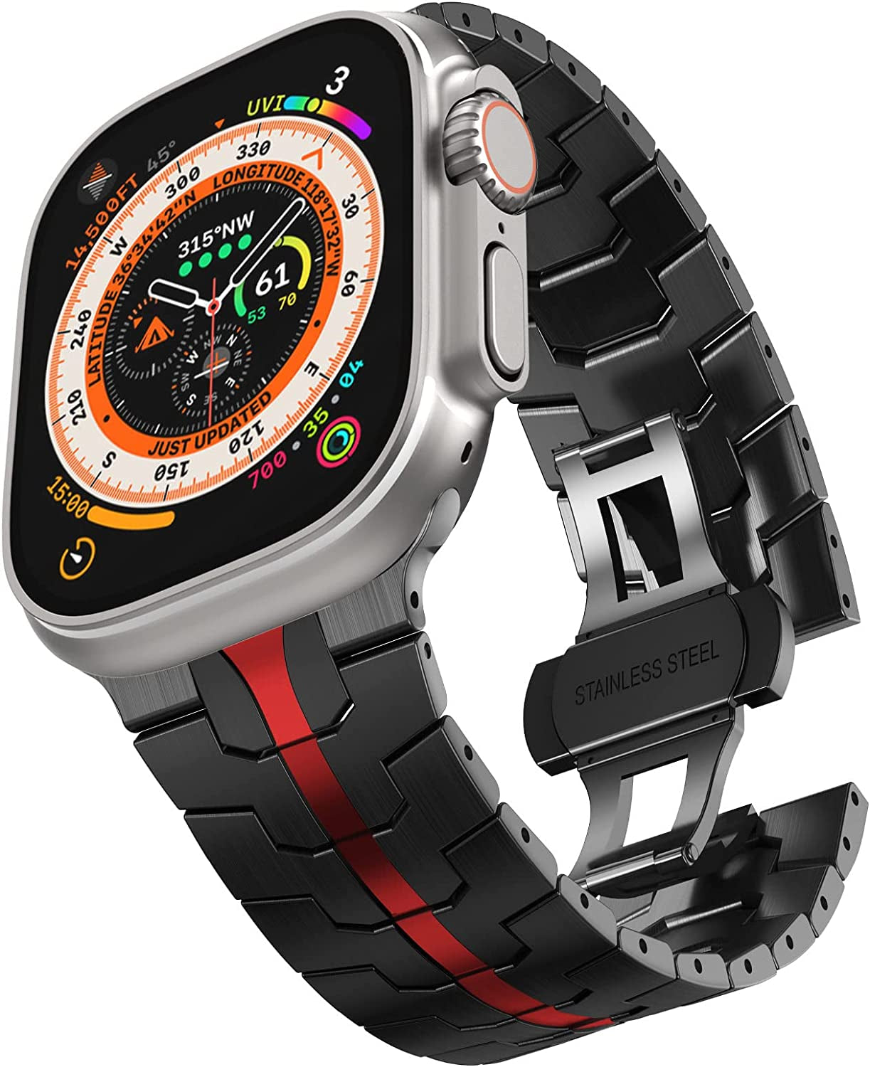 CHANCHY Stainless Steel Band for Apple Watch Ultra Band 49Mm 45Mm 44Mm 42Mm 38Mm 40Mm 41Mm, Metal Strap with Folding Clasp for Apple Watch Series 8 7 6 5 4 3 2 1 SE Men (Black, 49Mm 45Mm 44Mm 42Mm)  CHANCHY Black/Red 42mm/44mm/45mm/Ultra 49mm 