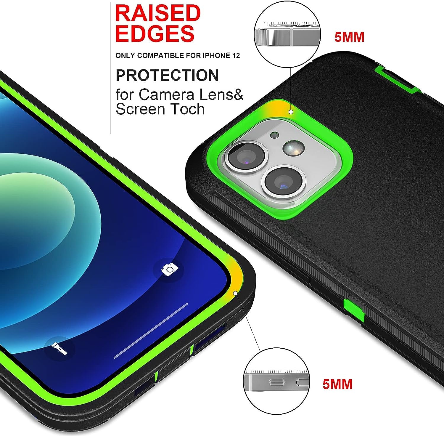 DHCALL for Iphone 12 Case & Iphone 12 Pro Case (6.1"), with 2 Tempered Glass Screen Protector,Belt Clip Holster, [Full Body Drop Protection] Shockproof Tough Durable 6.1 Inch（Black Green+Clip）  DHCALL   