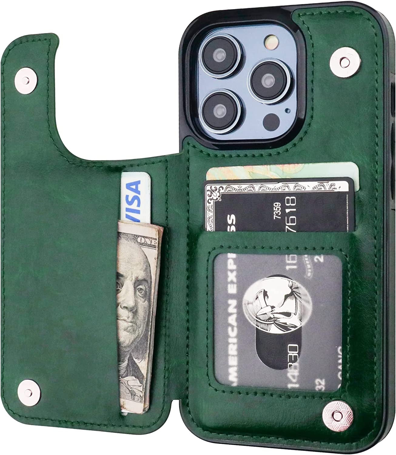 ONETOP Compatible with Iphone 14 Pro Wallet Case with Card Holder, PU Leather Kickstand Card Slots Case, Double Magnetic Clasp and Durable Shockproof Cover 6.1 Inch (Blue)  Onetop Green  