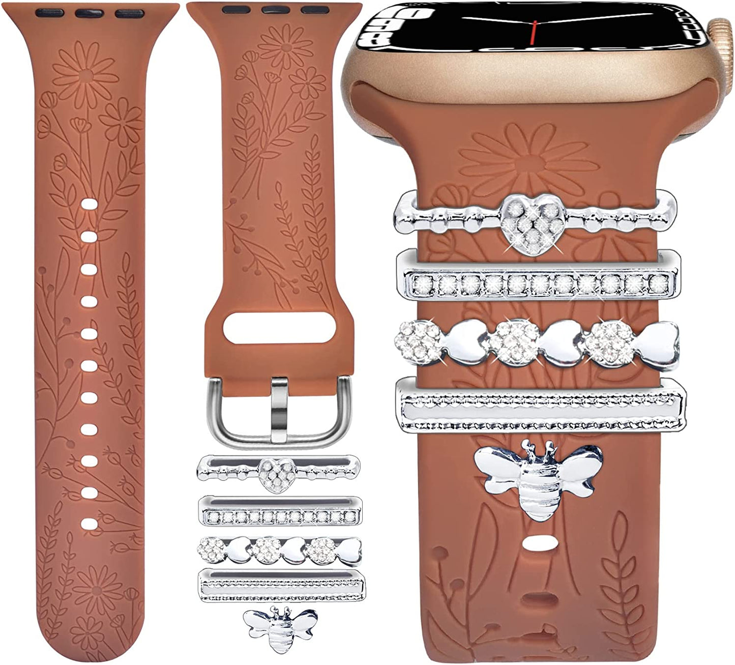 Watch Band Charms (Band Included), Compatible with Apple Watch Band 38Mm 40Mm 41Mm, ORATYFAN Floral Engraved Silicone Bands & Metal Decorative Ring Loops Accessories for Iwatch Series Se 8 7 6 5 4 3 2 1  ORATYFAN Brown Band/ Silver Bee 38mm/40mm/41mm 