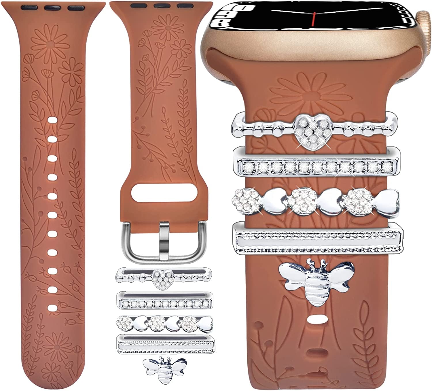 Watch Band Charms (Band Included), Compatible with Apple Watch Band 38Mm 40Mm 41Mm, ORATYFAN Floral Engraved Silicone Bands & Metal Decorative Ring Loops Accessories for Iwatch Series Se 8 7 6 5 4 3 2 1  ORATYFAN Brown Band/ Silver Bee 38mm/40mm/41mm 