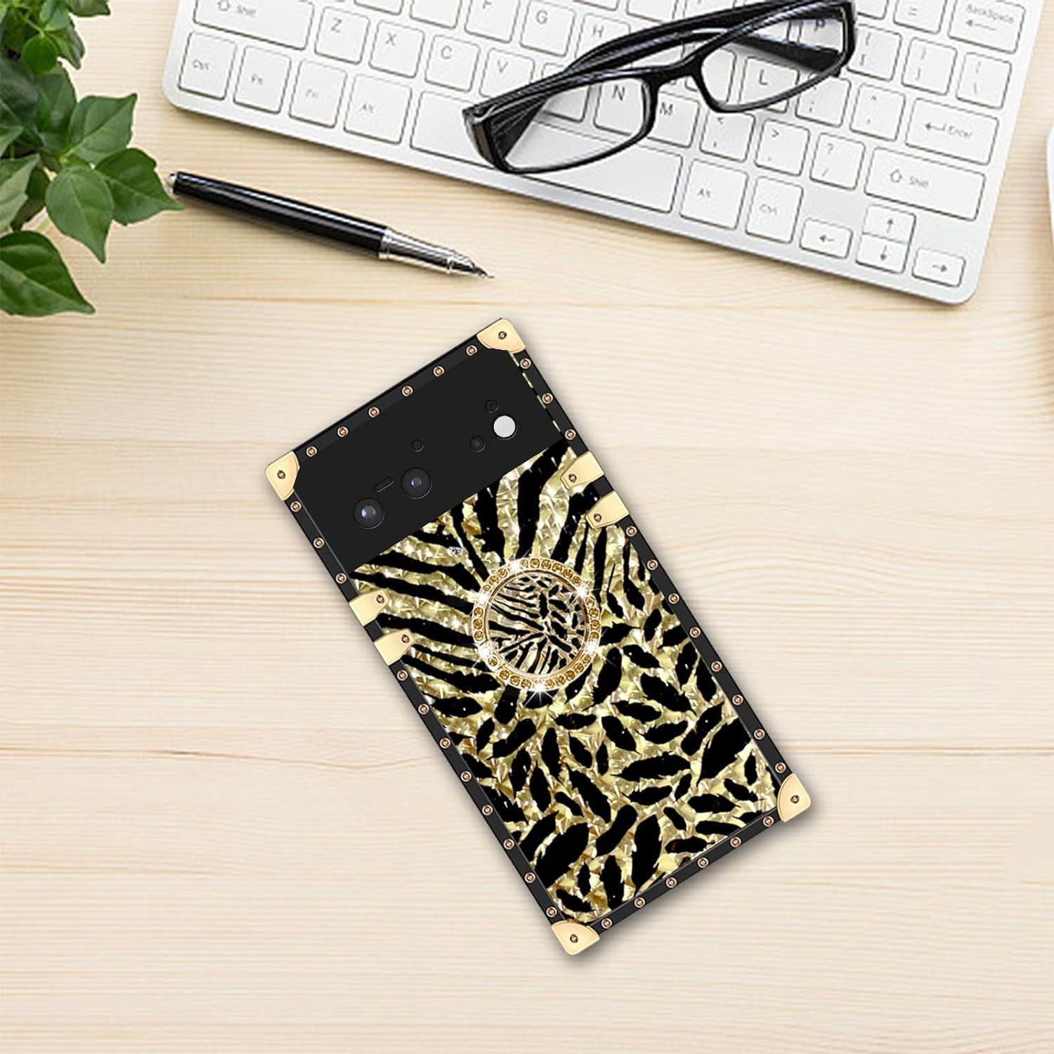 Designed for Google Pixel 6 Phone Case Luxury Square Case Drop Shockproof Protection Cover Elegant Cute Shining Retro Golden Glitter Leopard Cheetah Case for Google Pixel 6 - Leopard  Easyscen   
