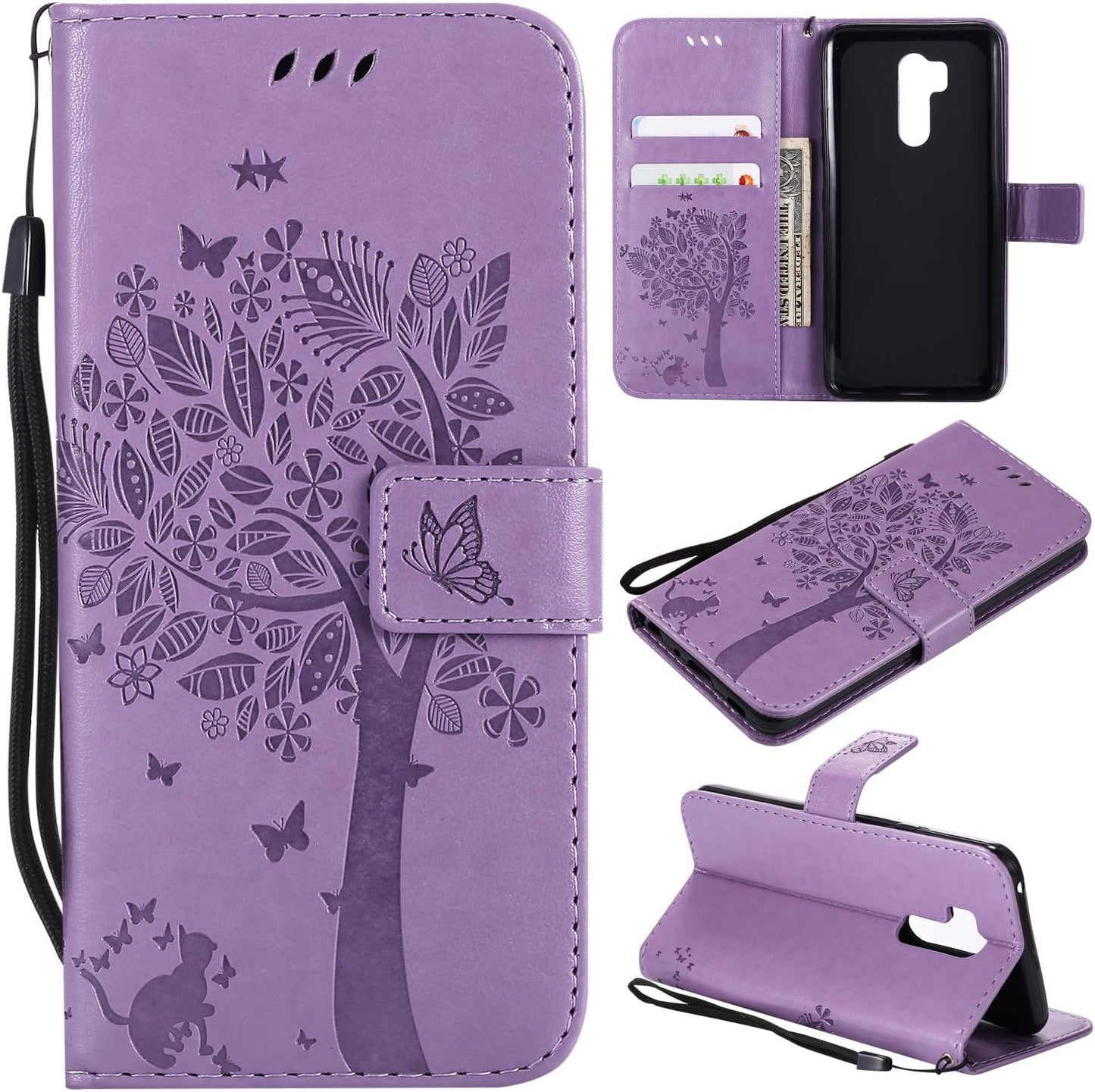 For LG G7 Thinq Case,For LG G7 Wallet Case with Screen Protector,For LG G7 PU Leather Protective Case Emboss Cat and Tree Folio Magnetic with Card Holder Kickstand and Flip Case for LG G7 Thinq Black  HAOTP Light Purple  