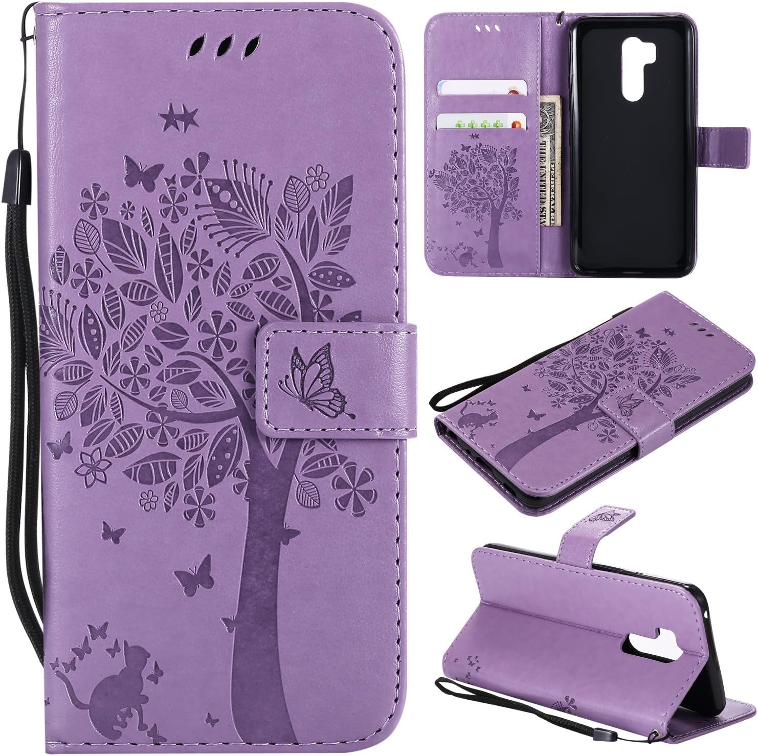 For LG G7 Thinq Case,For LG G7 Wallet Case with Screen Protector,For LG G7 PU Leather Protective Case Emboss Cat and Tree Folio Magnetic with Card Holder Kickstand and Flip Case for LG G7 Thinq Black  HAOTP Light Purple  