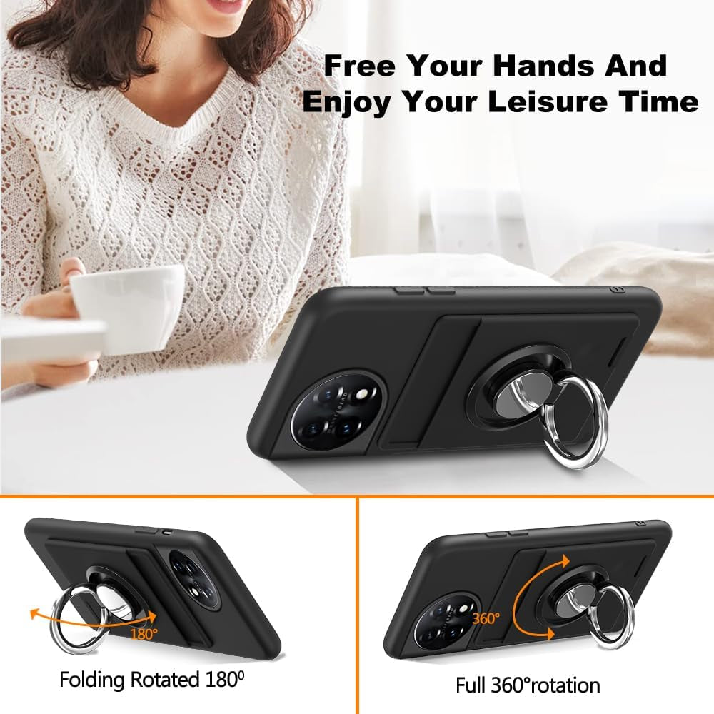 Anneey for Oneplus 11 5G Phone Case with Tempered Glass Screen Protector, Card Holder with Ring Stand Case for 1+ 11 5G Cover - Black  Anneey   