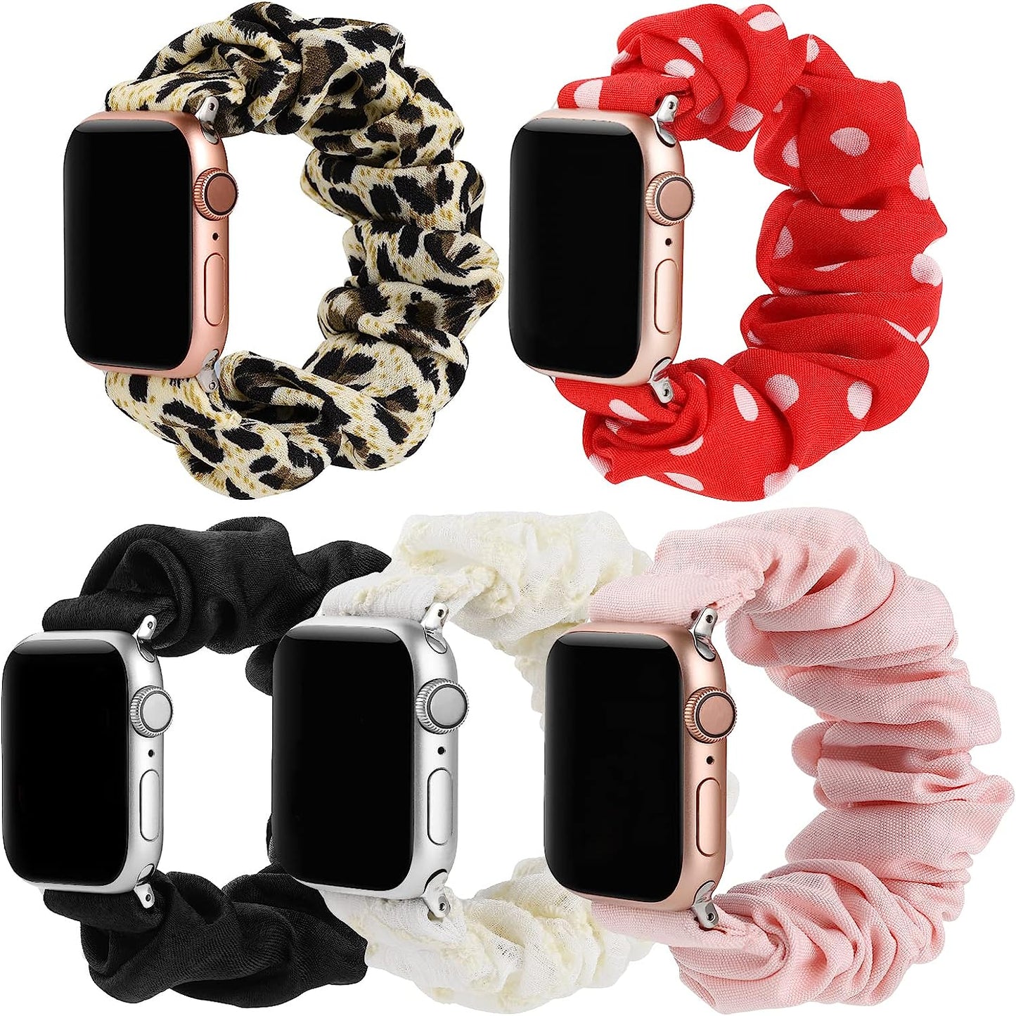 Bigqin 5-Packs Elastic Band Solo Loop Scrunchie Bands Compatible with Apple Watch Series 8 7 (41Mm) Series 6 SE (40Mm) Series 3 2 1 (38Mm), Women Bracelet Strap Compatible with Iwatch 41Mm 40Mm 38Mm  Bigqin Black+Light Pink+Leopard+White Lace+Red Dots Large 