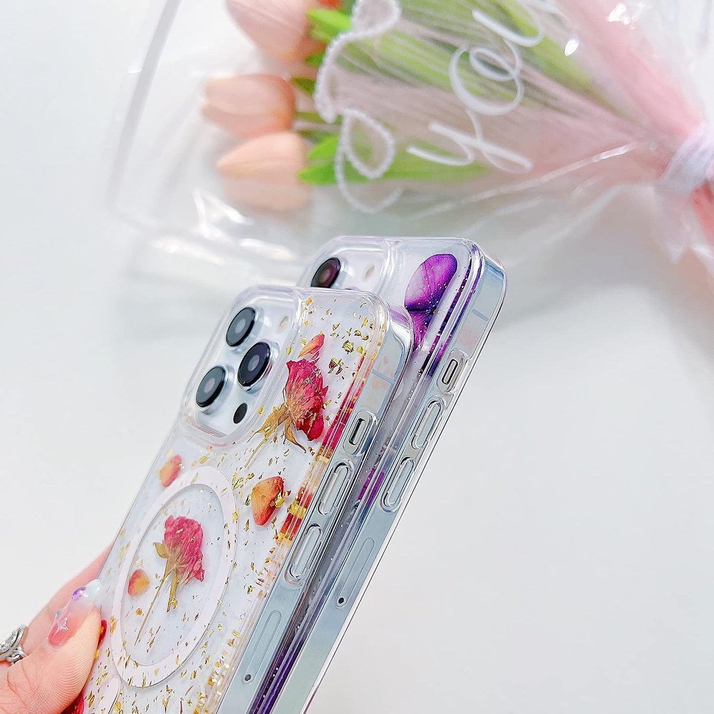 Ytanazing Magnetic Floral Case for Iphone 14 Pro Max [Compatible with Magsafe], Real Flowers Glitter Design Aesthetic Slim Shockproof Protect Sparkle Unique Silicone Phone Cover for Women Girls(Gold)  YTanazing   