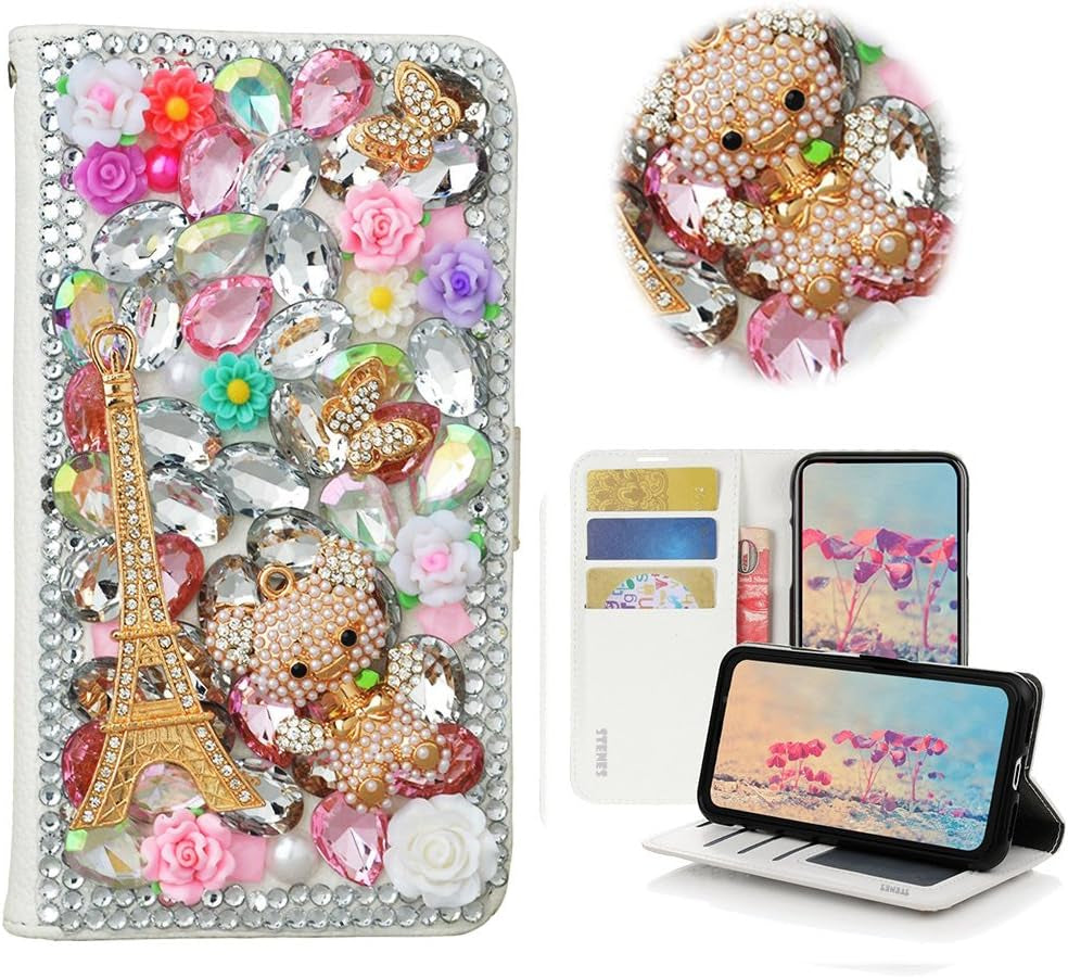 STENES LG G6 Case, LG G6 plus Case - STYLISH - 3D Handmade Crystal Dreamcatcher Pearl Pendant Wallet Credit Card Slots Fold Stand Leather Cover Case for LG G6/LG G6 plus - Multicolor  STENES Eiffel Tower Butterfly Bear / Pink  