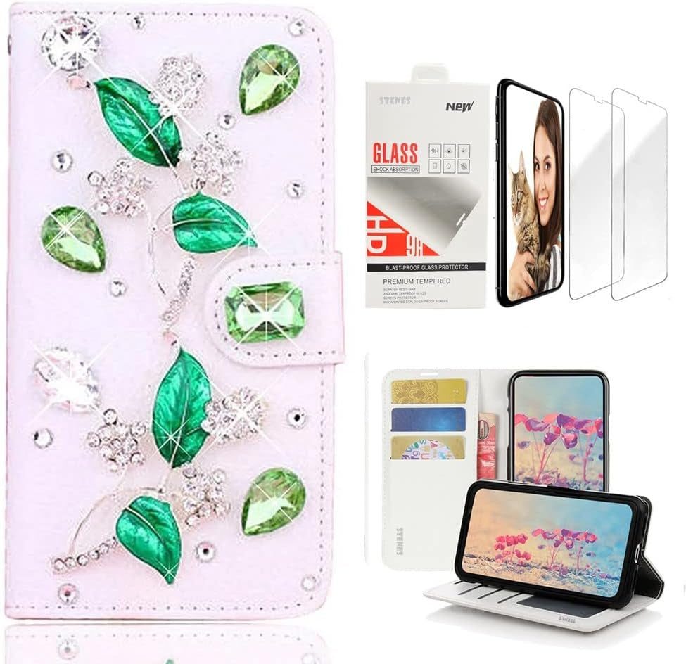 STENES Bling Wallet Case Compatible with LG G7 Thinq - Stylish - 3D Handmade Flowers Design Leather Case with Wrist Strap & Screen Protector [2 Pack] - Pink  STENES Leaf / Green Design For Lg K51 
