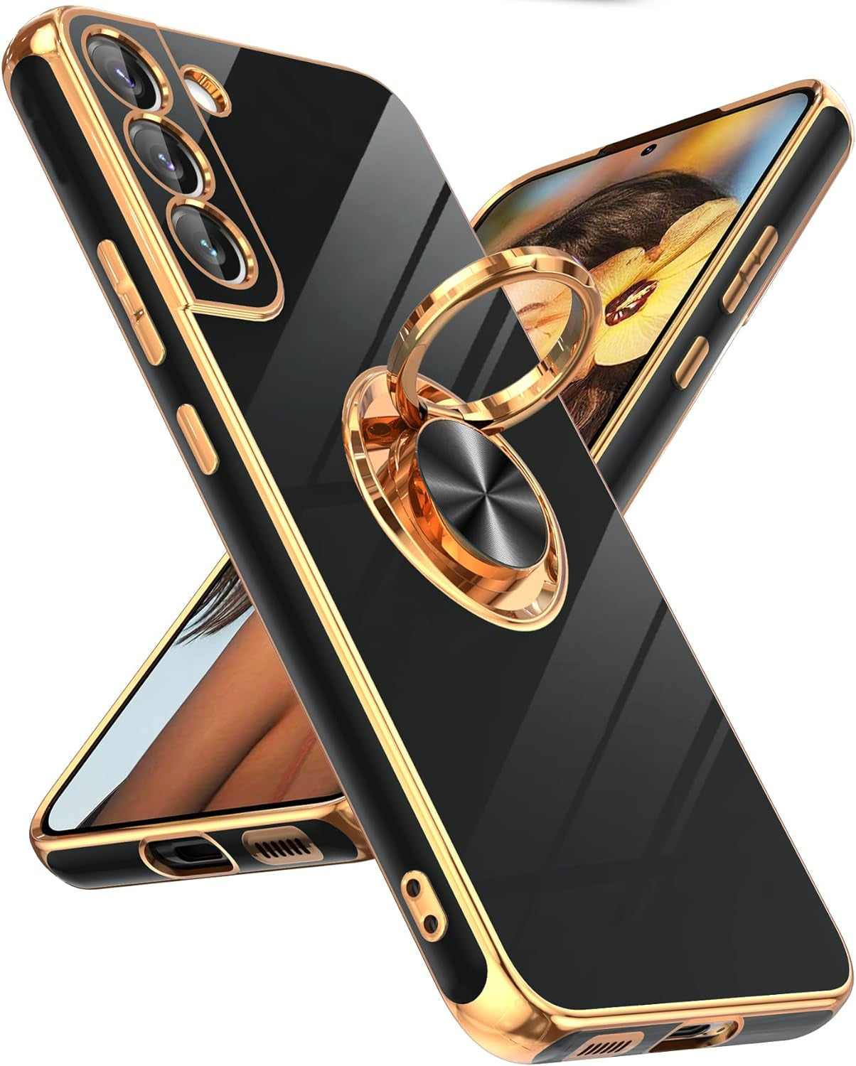 Leyi for Samsung Galaxy S22 plus Case 360° Rotatable Ring Holder Magnetic Kickstand, Plating Rose Gold Edge Protective Galaxy S22 Plus/ S22+ Case, Black  LeYi   
