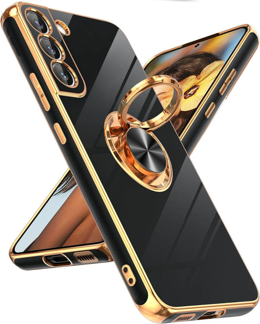 Leyi for Samsung Galaxy S22 plus Case 360° Rotatable Ring Holder Magnetic Kickstand, Plating Rose Gold Edge Protective Galaxy S22 Plus/ S22+ Case, Black  LeYi   