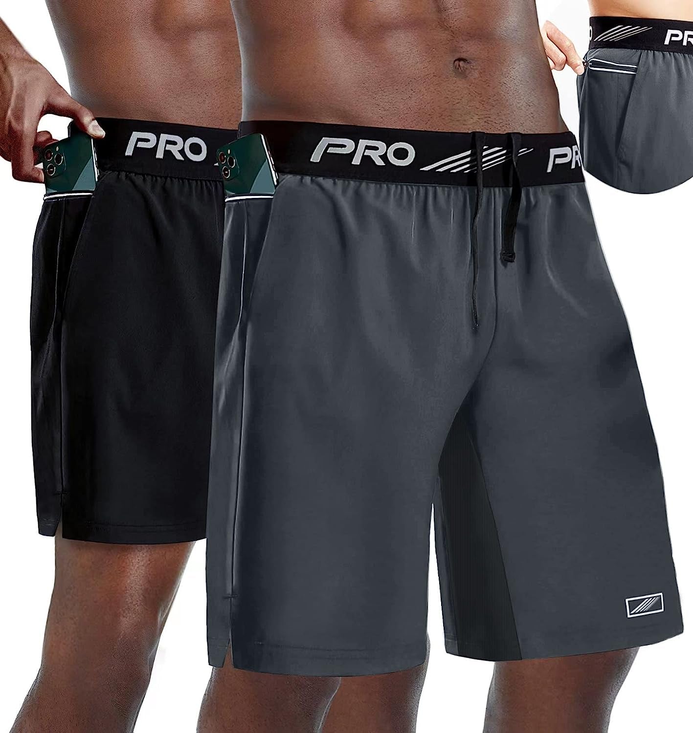 ACESHIP 2 Pack Workout Running Shorts Quick Dry Athletic Shorts 5" and 9" Lightweight Gym Shorts with Zipper Pockets  Aceship Gray+black Medium 