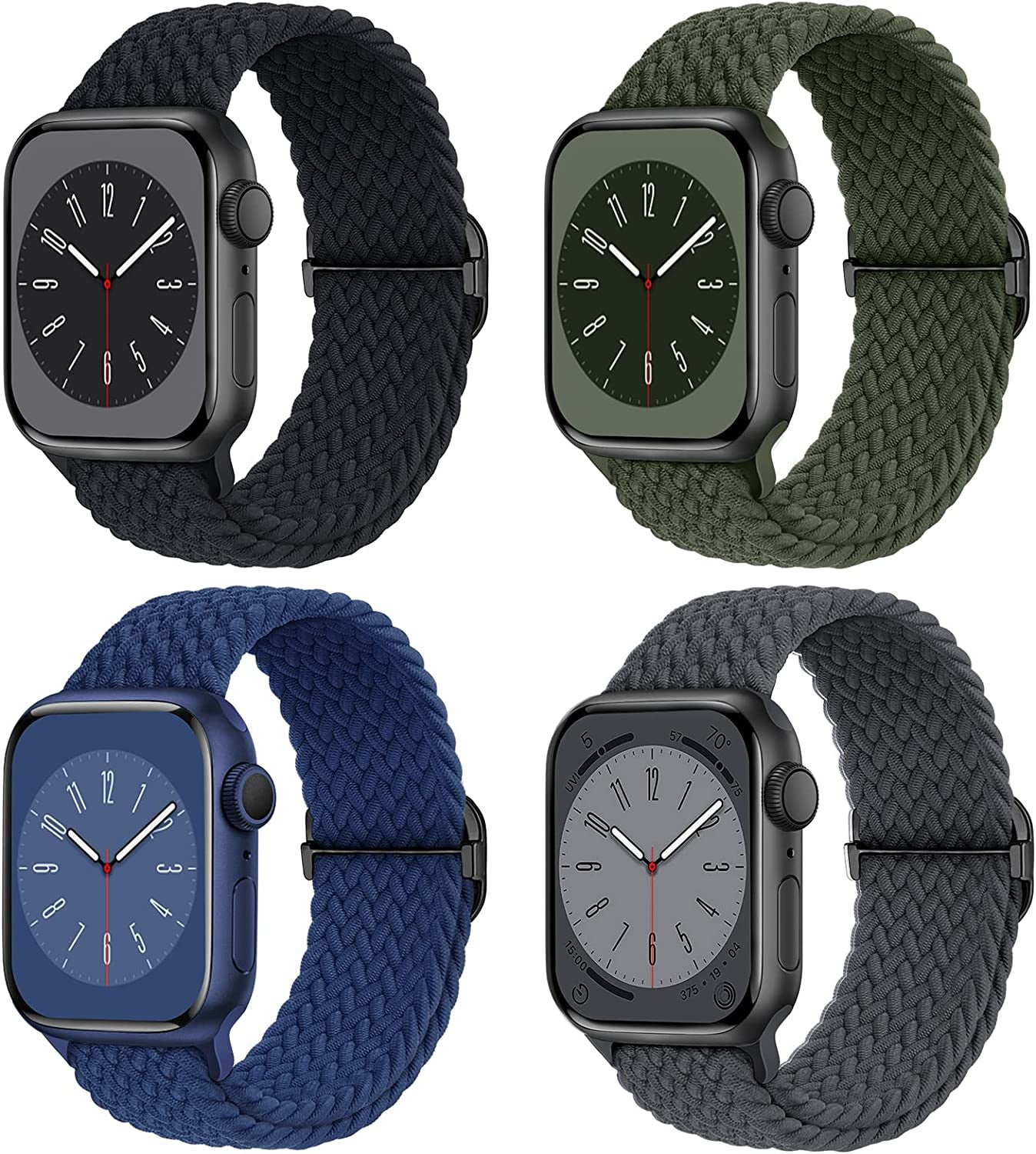 Braided Solo Loop Compatible with Apple Watch Band 38Mm 40Mm 41Mm 42Mm 44Mm 45Mm 49Mm for Women Men, Stretchy Straps Elastic Sport Wristbands for Iwatch Series 8 7 6 5 4 3 2 1 SE Ultra, 4 Packs  Butifacion Black/Gray/Green/Blue 42/44/45/49mm 