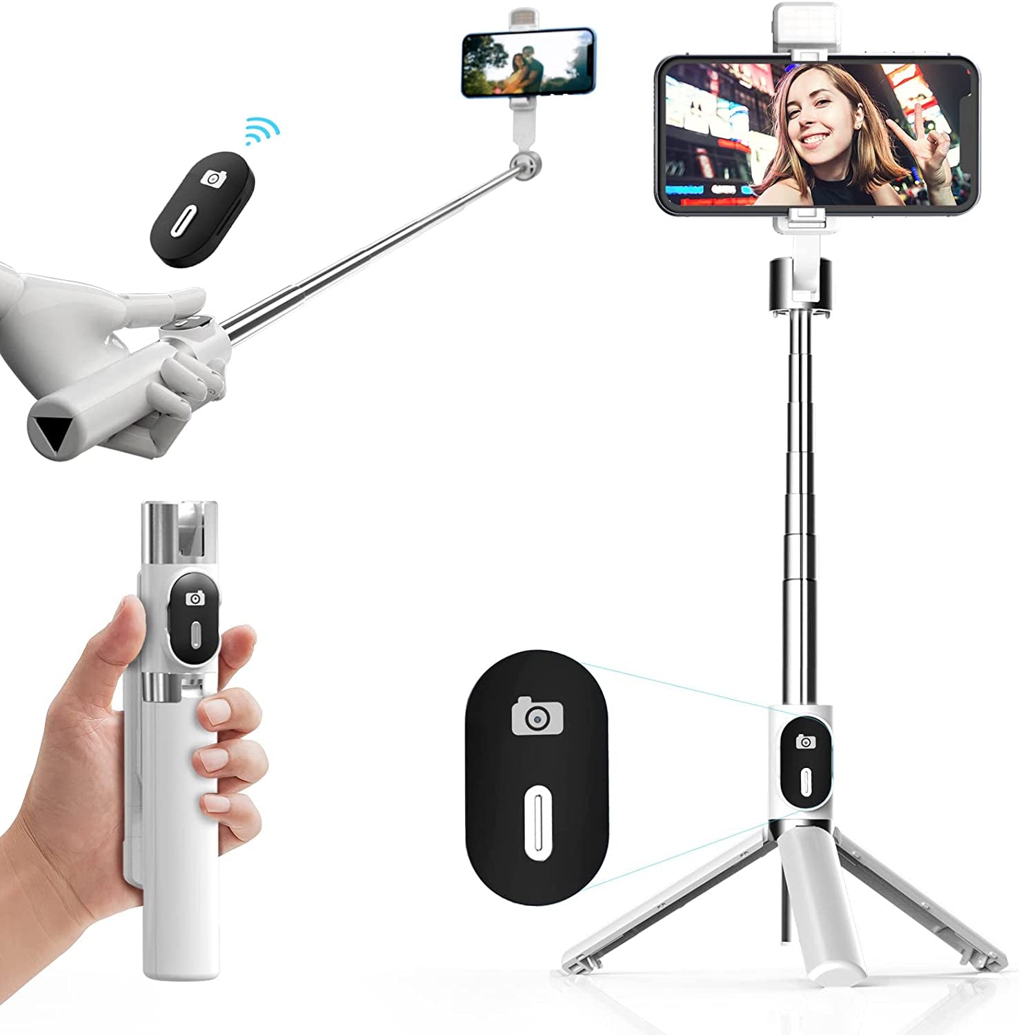LONJADE Selfie Stick Tripod-43 Inch Extendable Selfie Stick Phone Tripod Stand with Upgraded 5.2 Wireless Remote Travel Holder Compatible with Iphone Samsung Cell Phone Video Recording (Black)  LONJADE White  