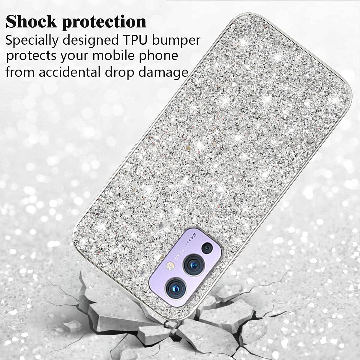 Compatible with Oneplus 9 Case Glitter Shockproof,Oneplus 9 Phone Case Bling Sparkly Soft TPU and PC Silicone Shiny Girl Women Thin Protective Cover (Silver)  Wousunly   