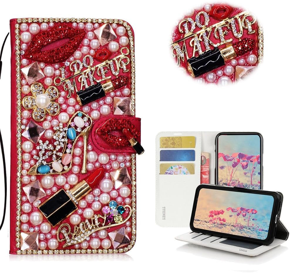 STENES LG G6 Case, LG G6 plus Case - STYLISH - 3D Handmade Crystal Heart Pendant Butterfly Flowers Wallet Credit Card Slots Fold Stand Leather Cover Case for LG G6/LG G6 plus - Pink  STENES Girls Lipstick High Heel Flowers / Red  