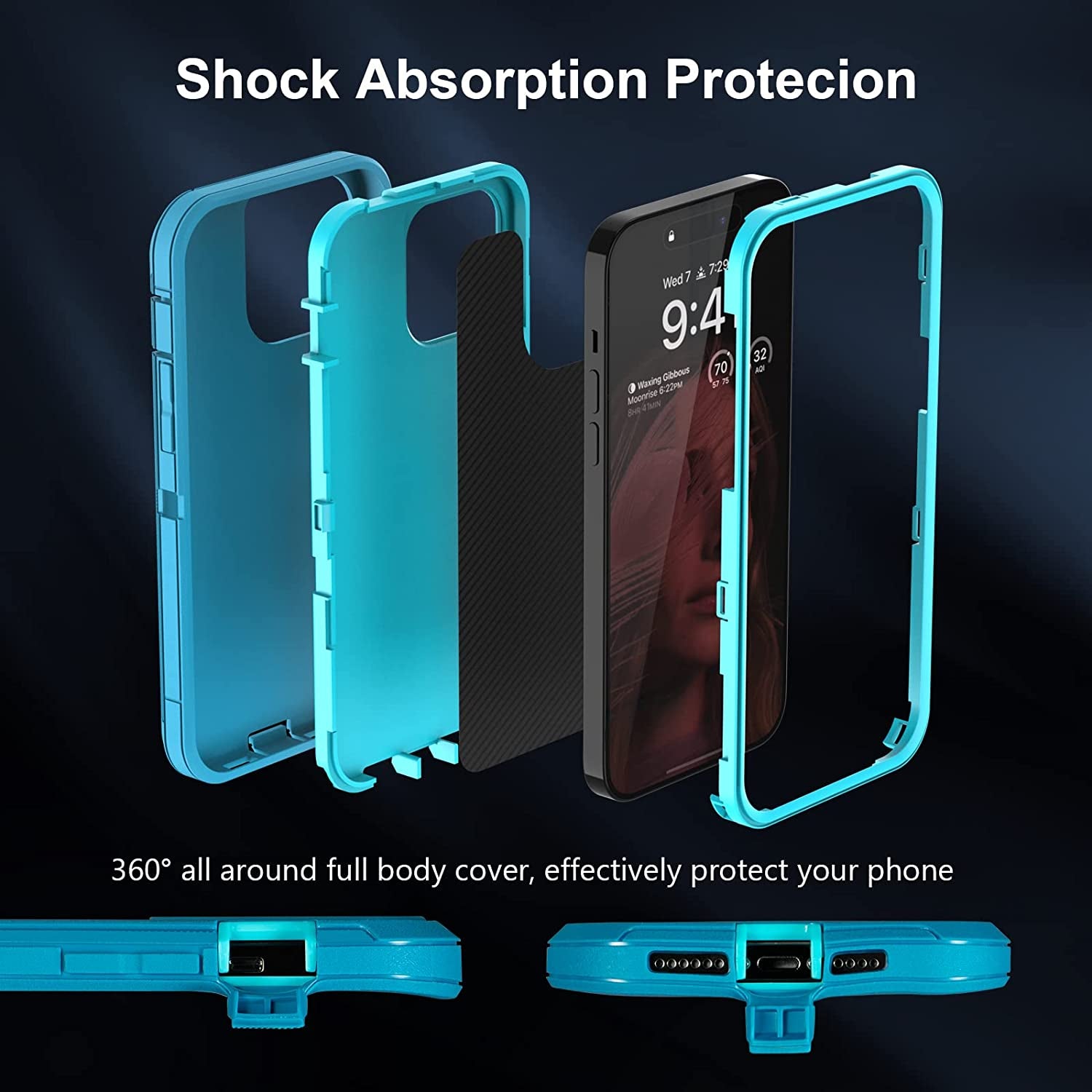 For Iphone 14 Pro Max Case with Full Body Protection, Heavy Duty Shockproof Military Grade 3 in 1 Silicone Rubber with Hard PC Rugged Durable Phone Cover for 14 Pro Max 6.7 Inch. (Teal Ltblue)  Sansunto   