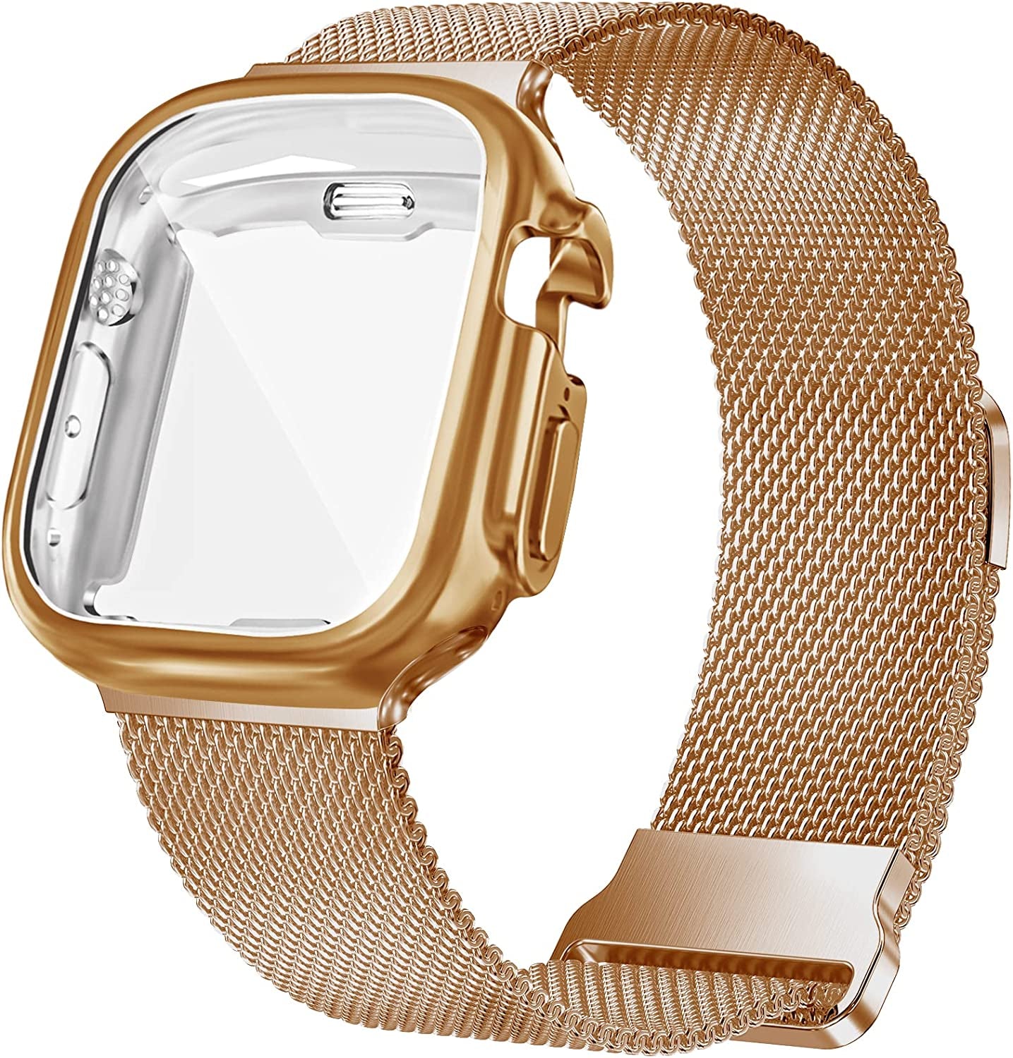 Geoumy Metal Magnetic Bands Compatible for Apple Watch Band 45Mm with Case, Stainless Steel Milanese Mesh Loop Replacement Strap Compatible with Iwatch Series 8/7/6/5/4/3/2/1 SE Women Men,Starlight  Geoumy Rose Gold Ultra 49mm 