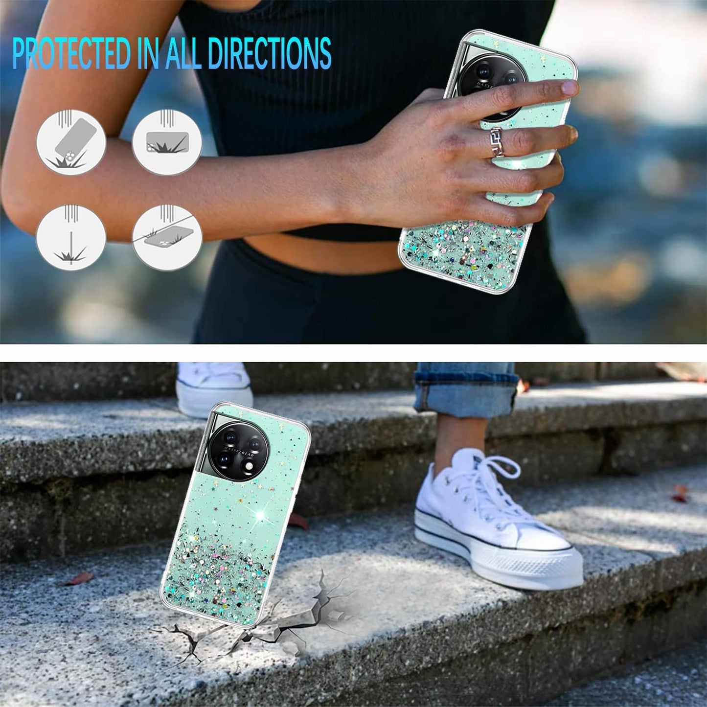 Compatible with Oneplus 11 Case Glitter Clear Green, Oneplus 11 Phone Case Silicone Transparent Soft TPU Women Girls Shockproof Protective Slim Cover (Green)  Wousunly   