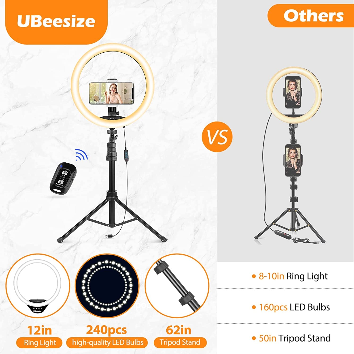 Ubeesize 12'' Ring Light with 62'' Selfie Stick Tripod, LED Ring Light with Stand and Phone Holder for Recording/Makeup/Youtube/Tik Tok, Compatible with Cell Phone, Camera  UBeesize   