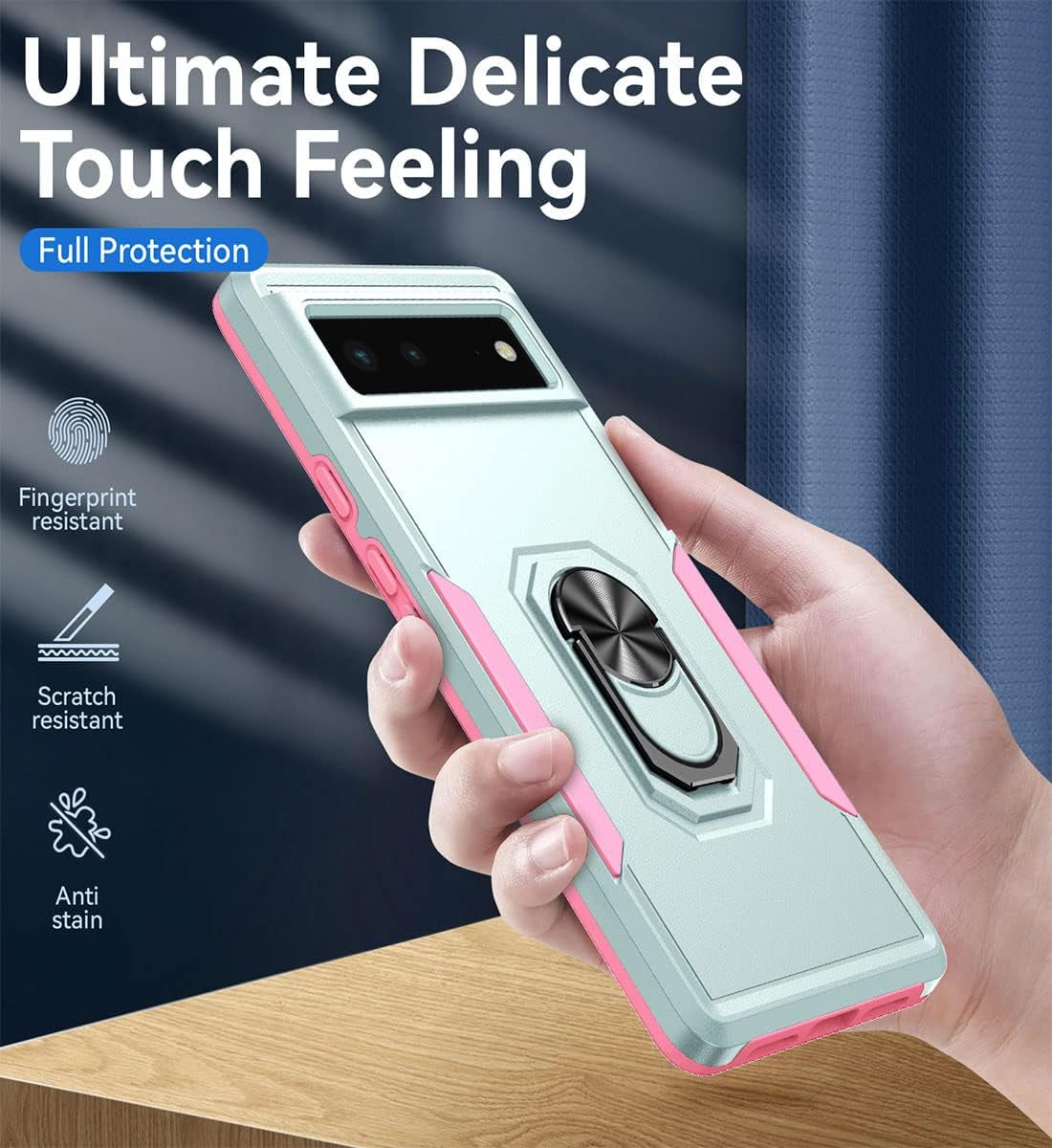 Case for Google Pixel 6,Google 6 Phone Case Heavy Duty,Drop Tested Cover with Magnetic Kickstand and 360°Finger Ring Holder Kickstand Case for Google Pixel 6(Green  Anzruosu   