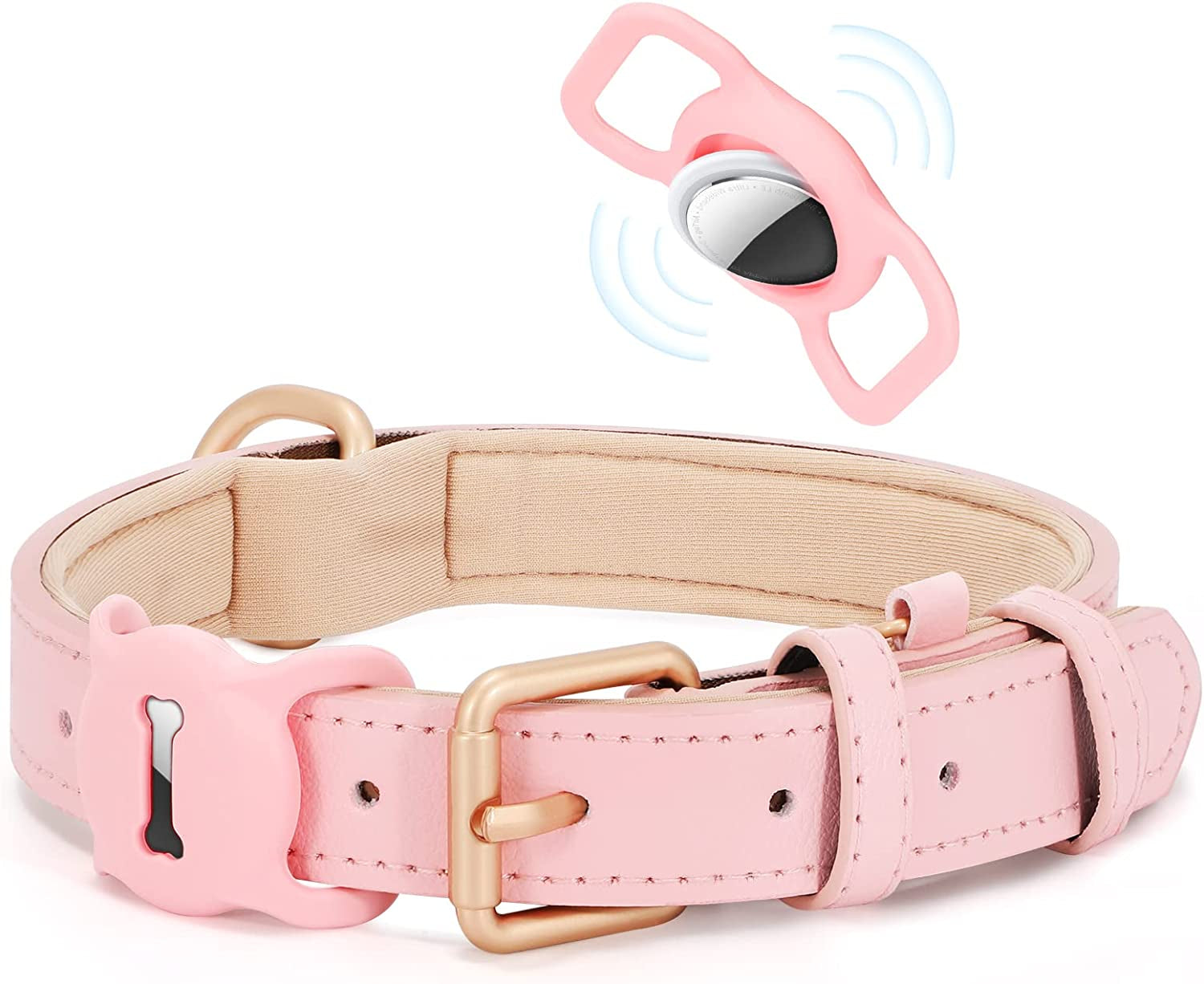 WHIPPY Airtag Leather Dog Collar GPS Tracker Air Tag Puppy Collar Adjustable Soft Leather Padded Dog Collar with Airtag Holder Case for Small Medium Large Dog Pet Backpack,Pink,M  WHIPPY   